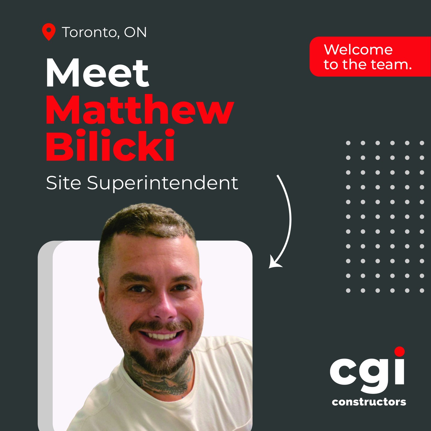 Welcome Matthew Bilicki to our Toronto office as our new Site Superintendent! Excited to have you with us, Matthew - here’s to building great things together.

#CGIConstructors #welcomeonboard #newteammember
