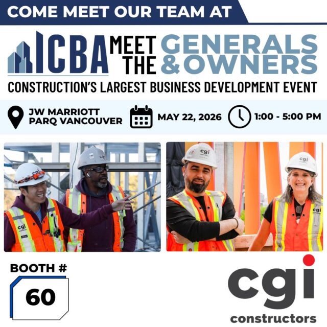 CGI Constructors is pumped to be joining the 2026 #ICBC Meet the Generals & Owners event on May 22nd at the JW Marriott Parq Vancouver, connecting with over 2,000 industry leaders across BC who are here to build real relationships and find ways to work together.
If you're a supplier, subcontractor, or consultant looking to get in front of us, come find us at Booth 60. Our estimating, pre-con, and business development teams will be on the floor and ready to have real conversations about how we can work together.
To register for Meet the Generals & Owners, head here → https://events.icba.ca/2026mtg
Looking forward to seeing you on the floor. 👊
#CGIConstructors #ICBAGenerals @icbabc