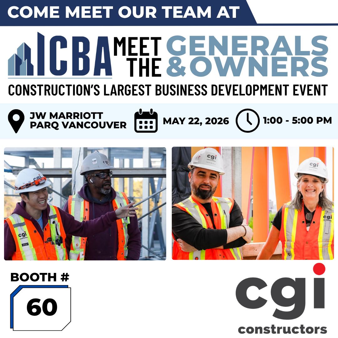 CGI Constructors is pumped to be joining the 2026 #ICBC Meet the Generals & Owners event on May 22nd at the JW Marriott Parq Vancouver, connecting with over 2,000 industry leaders across BC who are here to build real relationships and find ways to work together.
If you're a supplier, subcontractor, or consultant looking to get in front of us, come find us at Booth 60. Our estimating, pre-con, and business development teams will be on the floor and ready to have real conversations about how we can work together.
To register for Meet the Generals & Owners, head here → https://events.icba.ca/2026mtg
Looking forward to seeing you on the floor. 👊
#CGIConstructors #ICBAGenerals @icbabc