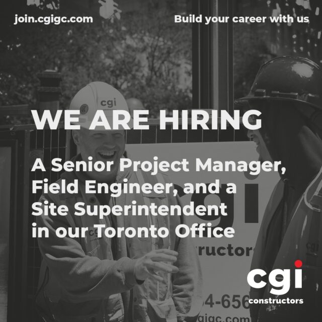 We're growing our Toronto team!
CGI is currently hiring for the following positions in our Toronto office:
👷♂️ Project Manager
👷♂️ Superintendent
👷♂️ Field Engineer
If you're looking to join a collaborative team delivering exciting commercial, institutional, and civic construction projects across Ontario, we'd love to hear from you.
At CGI, we believe our people are our greatest strength. We offer opportunities to work on meaningful projects, grow your career, and be part of a company recognized as one of Canada's Top Small & Medium Employers and one of Greater Toronto's Top Employers for two consecutive years.
Ready to build your future with us? Visit our Careers page to learn more and apply today.
#CGIConstructors #JoinCGIConstructors #PeopleBuildingCanada #NowHiring
